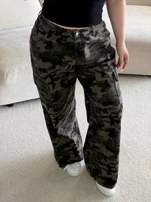 Dazy Plus Vintage Camouflage Cargo Pants Straight Fit Multi-Pocket Washed Distressed Casual Versatile Low Waist Jeans Fall - Army Green - View 2