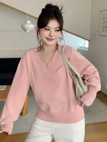 Dazy Plus Solid Color Slouchy Pink Loose Short Pullover Sweater For Girls, Casual Autumn/Winter - Baby Pink - View 5