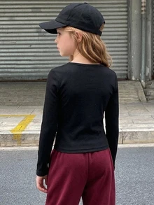 DAZY Tween Girl) Black Fitted Long Sleeve Half-Button Front Inner Layer Crew Neck T-Shirt, Autumn - Black - View 2