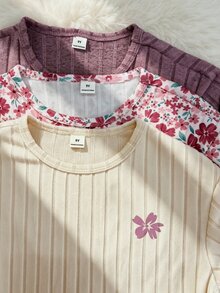 SHEIN 少女 3 件套，溫柔復古風，花卉長袖上衣，修身長褲搭配純色羅紋紋理，小花刺繡上衣配圓弧下擺，寬鬆褲腿貼身剪裁，居家穿著，薄款春秋套裝，開學季 - 粉色 - 查看 6