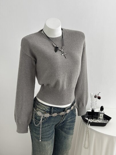 Elamini Women's Grey Casual Versatile Daily Commute Autumn/Winter Crew Neck Pullover Sweater
