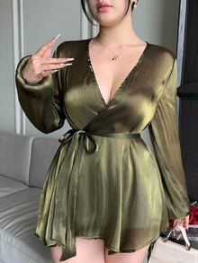 Dazy Plus Green Chiffon Blouse With Asymmetrical Front, Tie Waist, Long Sleeves, Elegant For Wedding And Party - Dark Green - View 5