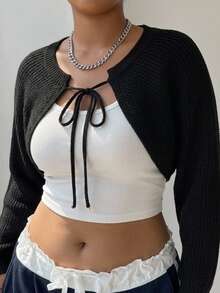 Dazy Plus Solid Color Casual Tie-Front Cropped Fuzzy Knit Cover Up - Black - View 3