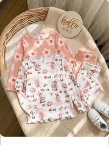 SHEIN 可愛女嬰花卉與卡通圖案長袖針織家居服套裝 - 彩色 - 查看 10
