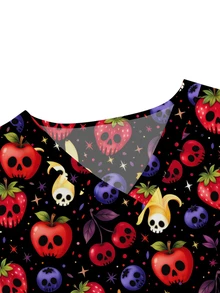 PopScrub Top d'été pour femme Halloween noir à col V, manches courtes, double poche, imprimé squelette dessin animé mignon, uniforme de travail pour infirmière, médecin, toiletteur pour animaux, nutritionniste, laboratoire, vêtement de fête fonctionnel multi-poches, Jour des Morts, fête d'Halloween, style effrayant et mignon - Noir - Voir 3