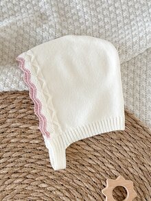SHEIN 新生兒嬰兒針織連身衣套裝，女嬰針織套頭領口長袖連身衣連腳套 + 針織帽，適合秋冬，杏色淺色，百搭日常穿著，麻花編織設計，時尚時尚，對比粉色蝴蝶結設計，優雅可愛 - 杏色 - 查看 5