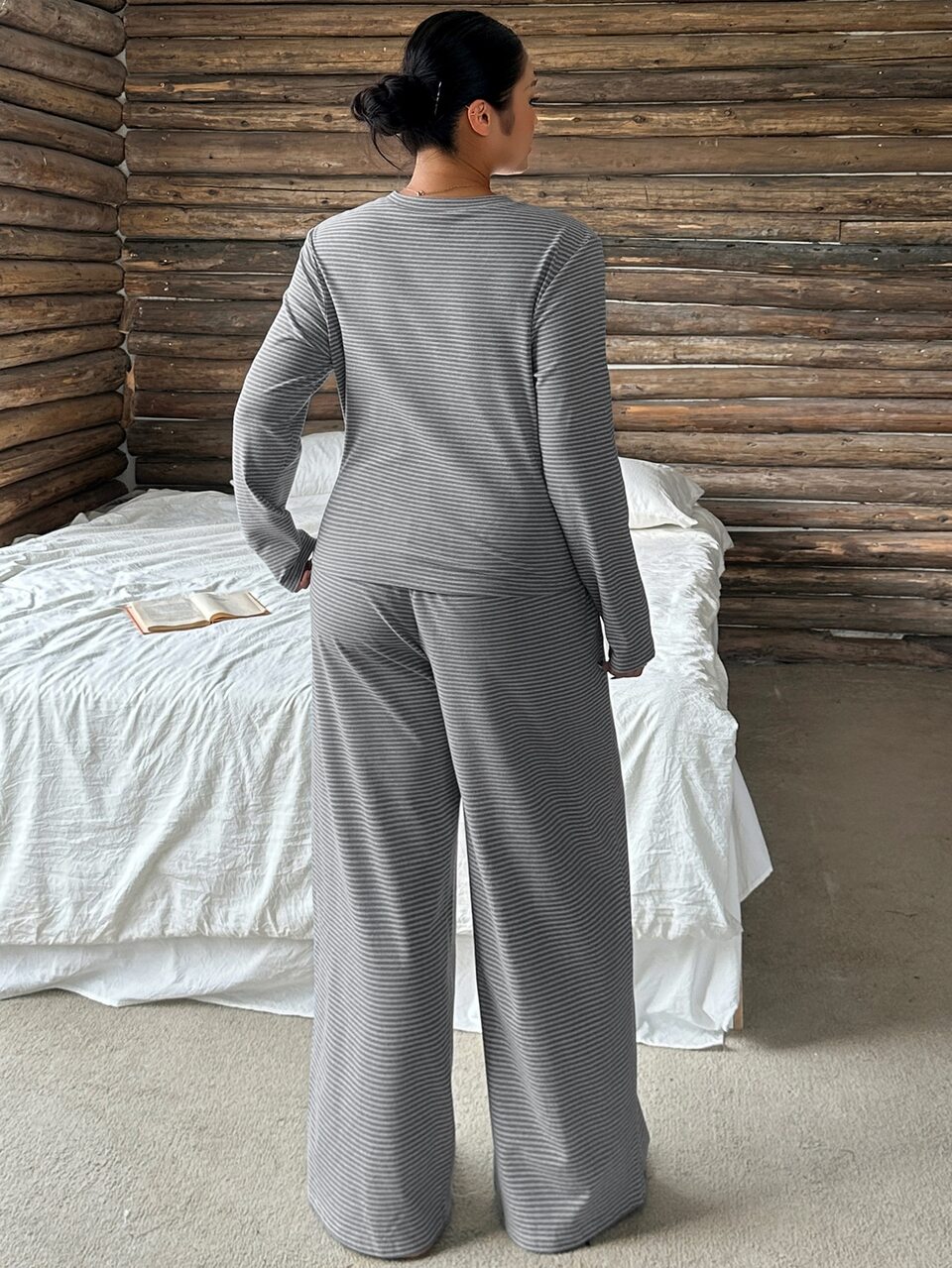 Dazy Plus Fashion Striped Fitted Long Sleeve Top & Long Pajama Pants 2-Piece Set, Spring/Autumn Sleepwear