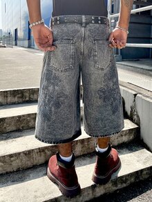 Manfinity EMRG Celana Jeans Pria Model Longgar, Potongan Pendek, Model Kaki Lebar, Kasual, dengan Kantong - Grey - View 3