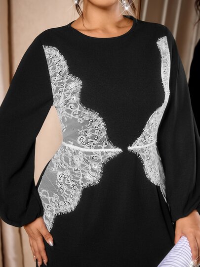 Cravure Plus Size Black & White Contrast Lace Patchwork Lantern Sleeve Slit Dress For Party & Date