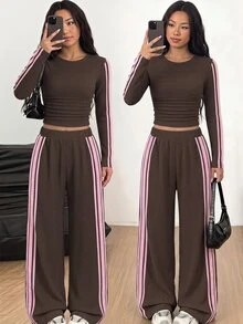SHEIN Teen Girls Spring Autumn Brown Knitted Textured Fitted Ruched Crew Neck Pink Ribbon Trim Long Sleeve T-Shirt And Wide Leg Pants 2 Pieces Set, Suitable For Autumn Winter Layering - Brown - View 3