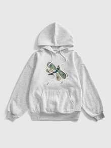 ROMWE Fairycore Women's Vintage All-Match Button Decor Dragonfly Applique Embroidery Loose Fit Versatile Sweatshirt - Grey - View 1