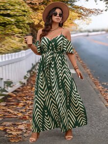 SHEIN VCAY Plus Size Vacation Cold Shoulder Short Sleeve Spaghetti Strap Dress - Dark Green - View 7