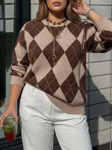 Dazy Plus Brown Colorblock Patchwork Argyle Loose Casual Versatile Pullover Sweater, Autumn/Winter - Brown - View 6
