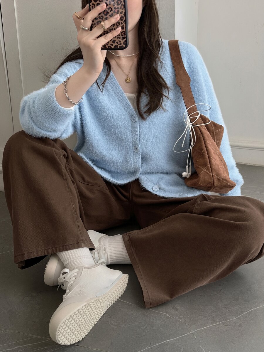 Dazy Plus Solid Color Loose V-Neck Long Sleeve Casual Vacation Elegant Girl Sweater Autumn/Winter Knit Cardigan - Baby Blue - View 1
