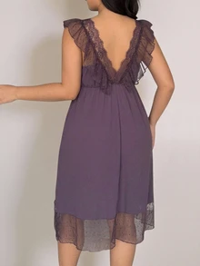 Dazy Plus Romantic Mesh & Lace Patchwork Ruffle Backless Camisole Nightgown - Purple - View 3