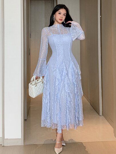Feyla Vestido elegante e romântico para férias e festa, novo design, com folhos multicamadas, mangas sino, cintura marcada e efeito emagrecedor