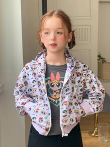 THE POWERPUFF GIRLS X DAZY Tween Girl All-Over Print Hooded Zip-Up Casual Daily Long Sleeve Sweatshirt Fall - Purple - View 1