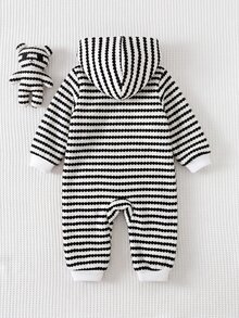 SHEIN Babygirl Striped Knit Hooded Jumpsuit - Black and White - View 2