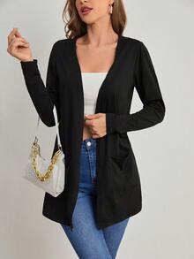 Elenzga Jaket Cardigan Tipis Lengan Panjang dengan Kantong, Model Slimming Relaxed Fit untuk Wanita Ukuran Plus, Cocok untuk di Rumah & Bepergian - Hitam - View 4