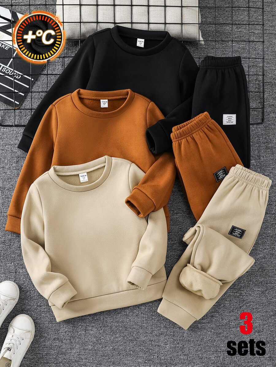 SHEIN 小男孩休閒舒適百搭圓領衛衣與長褲套裝 - 彩色 - 查看 1