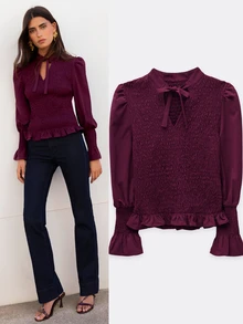 Nöista Deep Purplish-Red Fitted Top ,Ruffles, Softness, Elegance, French Romance. Versatile Piece For The Urban Woman's Wardrobe,Fall/Winter.. - Purple - View 4