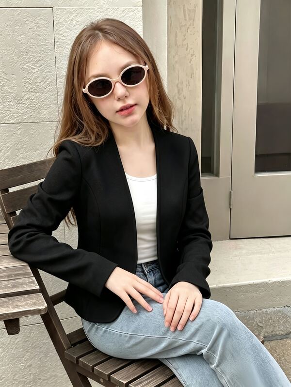 SHEIN 青少年女孩黑色V領無鈕扣開襟衫，長袖純色梭織粗花呢外套，極簡修身休閒開襟上衣，適合秋冬日常通勤優雅穿搭