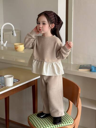 DAZY Infant (Girl) Round Neck Long Sleeve Colorblock Patchwork Korean Style 2 Pieces Sweatshirt Set