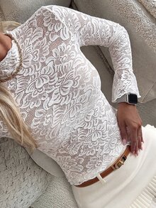 Lavishia Women's Elegant Romantic Autumn/Winter Lace Ruffle Flared Sleeve T-Shirt, Suitable For Wedding, Party, Date, Daily Wear - Apricot - View 4