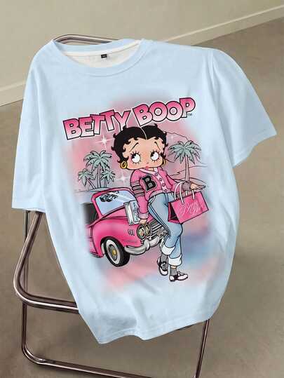 Betty Boop x SHEIN Camiseta de Talla Grande Casual de Verano con Estampado de Dibujos Animados