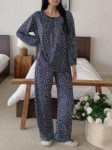 DAZY Women's Minimalist Polka Dot Print Long Sleeve Top And Casual Long Pants Pajama Set - Navy Blue - View 5