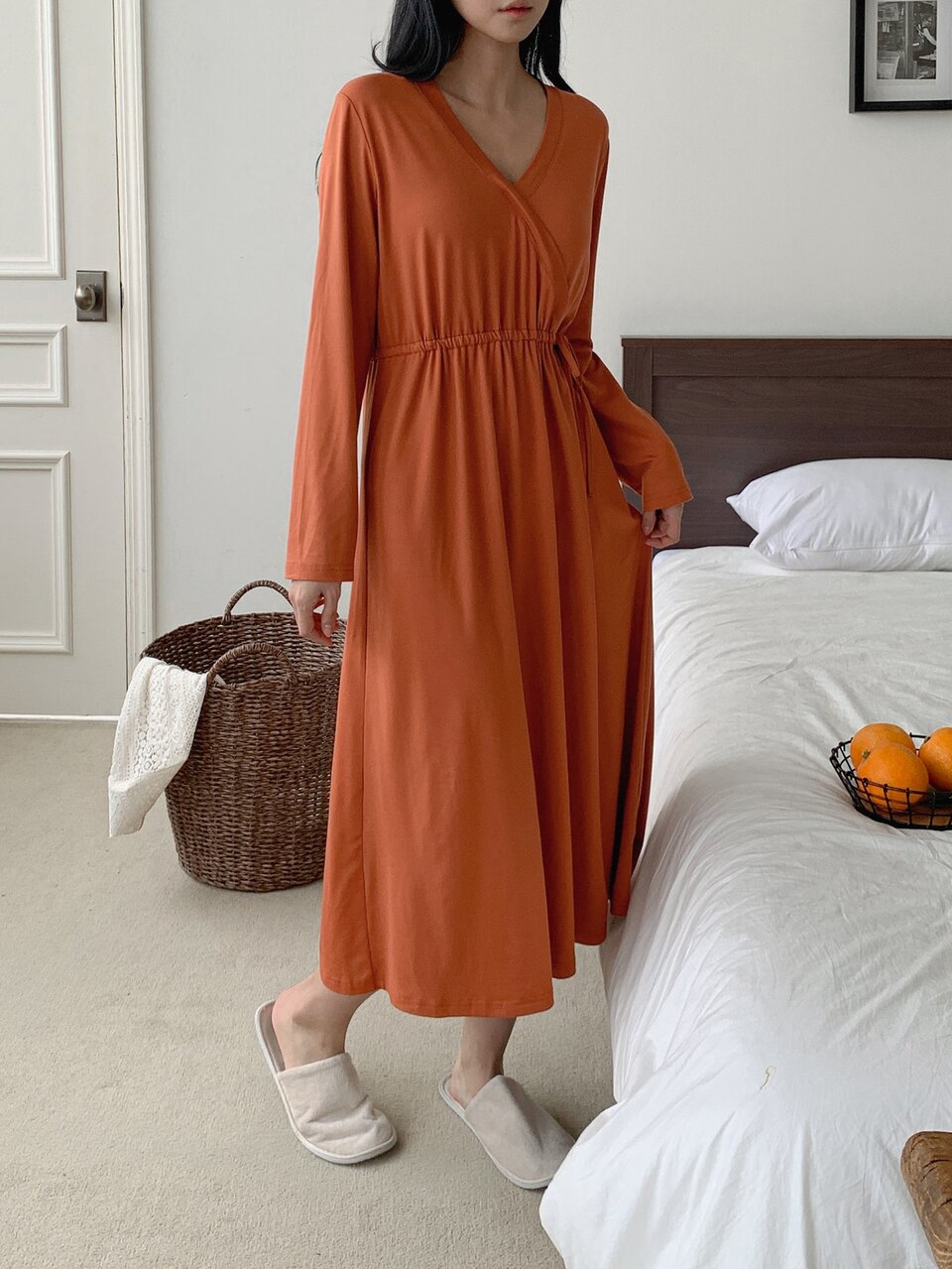 Women's Solid Color Drawstring Waist Long Sleeve Nightgown Fall