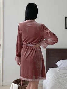DAZY Women's Elegant Lace Trim Robe With Belt Fall - Dusty Pink - View 2