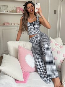 SweetSlumber Women's Vintage Cute Hot Girl Plaid Print Knit Fabric Tank Top And Long Pants Pajama Set Sleep Black And White Plaid Summer - Black and White - View 3