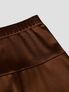 Sweetra Rok Pesta Elegan Ukuran Besar Musim Gugur/Dingin, Bahan Satin Elastis, Hem Asimetris, dan Patchwork Renda - Coklat - View 5