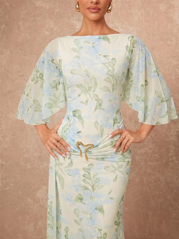 Lumalex Elegant Mint Floral Mesh Goddess Maxi Dress With Cape Sleeves,Ruched Waist & Gold Heart Hardware,Yellow Summer Tropical Cocktail Formal Evening Gown