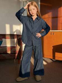 DAZY Tween Girl Loose Casual Long Sleeve Shirt Top + Straight Leg Loose Denim Pants Set Fall - Dark Wash - View 1