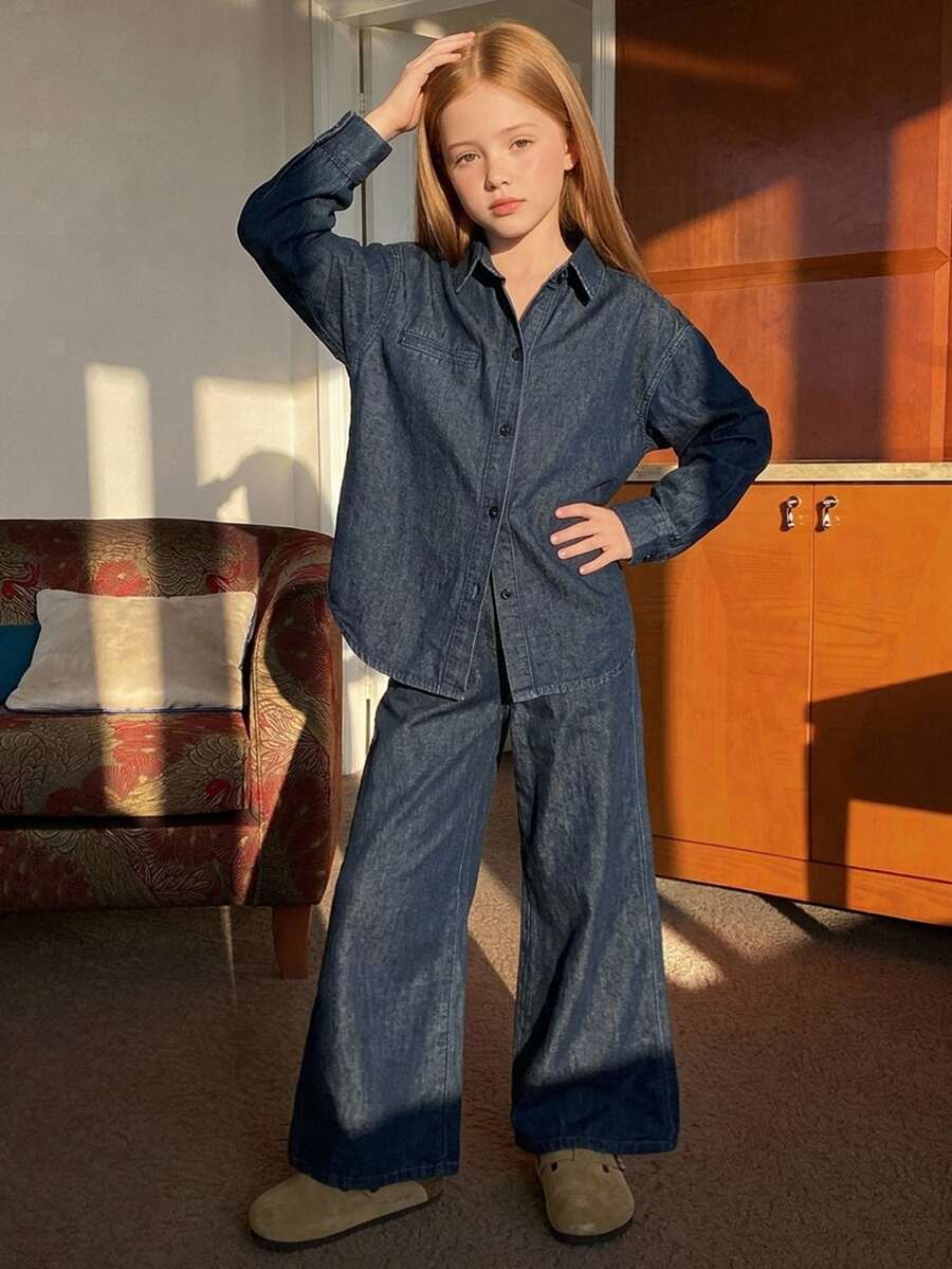 DAZY Tween Girl Loose Casual Long Sleeve Shirt Top + Straight Leg Loose Denim Pants Set Fall - Dark Wash - View 1
