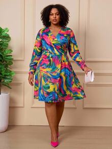 BrightlyHer Plus Size Women's Colorful Tie-Dye Print V-Neck Long Sleeve Cross Front Casual Dress Fall 2026 - Multicolor - View 3