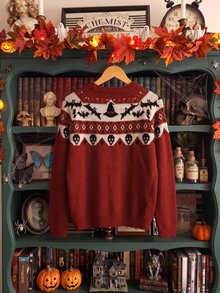 Elamini Women's Burgundy Holiday Autumn/Winter Spooky Halloween Pattern Sweater. Halloween Essentials. - Multicolor - View 3
