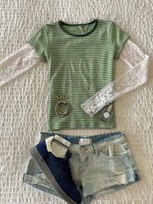 IslaSuriya Striped Contrast Lace 2 In 1 T-Shirt - Multicolor - View 1