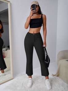 SHEIN EZwear 女款時尚百搭鈕扣口袋喇叭腳踝長牛仔褲 - 黑色 - 查看 5