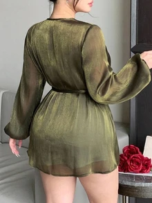 Dazy Plus Green Chiffon Blouse With Asymmetrical Front, Tie Waist, Long Sleeves, Elegant For Wedding And Party - Dark Green - View 6