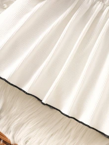 SHEIN Newborn Baby Girls A-Line Dress Sweet Elegant White Black 3D Bow Ribbed Frill Puff Sleeve Round Neck Birthday Party Autumn Winter Fall Soft Ribbing - Beige - View 10