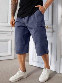 Manfinity Homme Plus Size Men's Casual Sports Drawstring Waist Cargo Shorts, Fashionable & Versatile - Dusty Blue - View 3