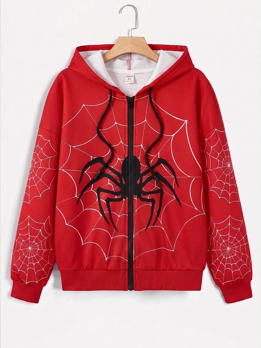 SHEIN EZwear 女款休閒拉鍊寬鬆連帽衛衣，蜘蛛印花，秋季服飾，Y2K通勤穿搭，基礎款，復古，萬聖節裝扮，紅白色 - 彩色 - 查看 1