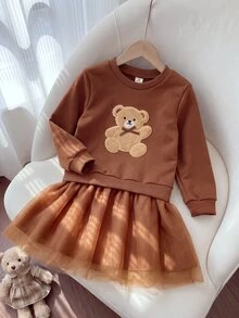 SHEIN Playful Pals 女童獨特鉤編愛心拼接套頭洋裝，粉色網紗下擺，甜美可愛時尚秋季愛心造型洋裝 - 棕色 - 查看 8