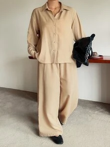 Dazy Plus Solid Color Casual Traditional Loose Long Sleeve Shirt And Wide Leg Pants 2 Pieces Set, Fun Commute Outfit Autumn Formal Vacation Beige - Khaki - View 7