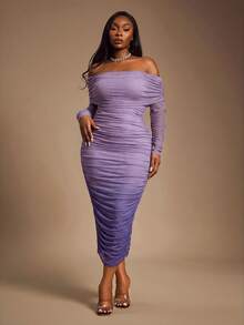 Radiana Curve Plus Size Elegant Off-Shoulder Gradient Ruched Fitted Dress Fall - Purple - View 7