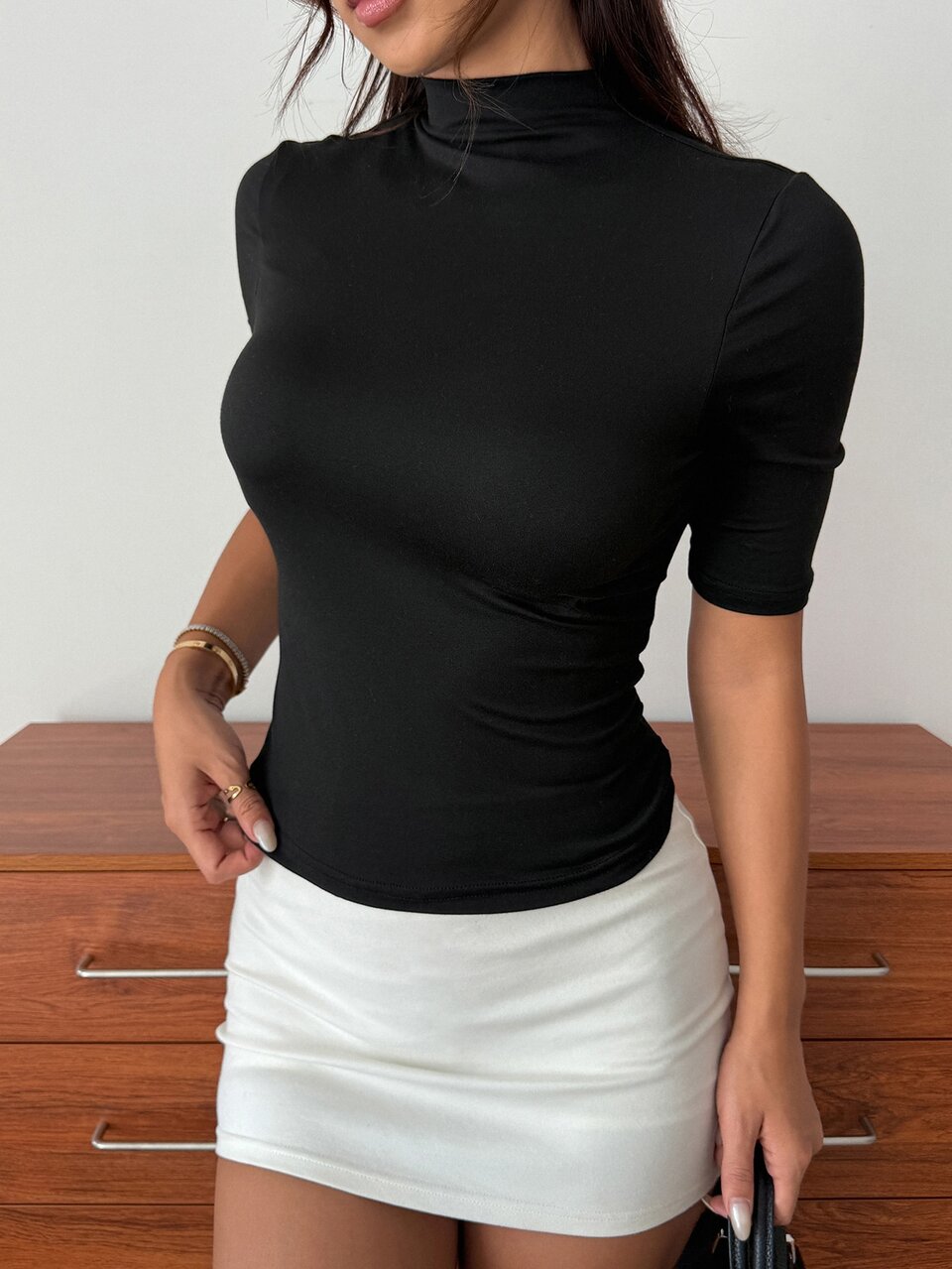 Solid Color Slim Fit Mock Neck Half Sleeve Sexy Base Layer T-Shirt T-Shirt For Women