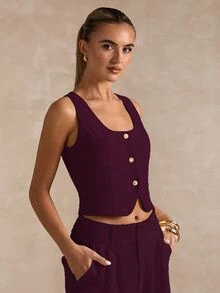 SHEIN BAE 女款時尚性感純色露背背心 - 紫紅色 - 查看 3